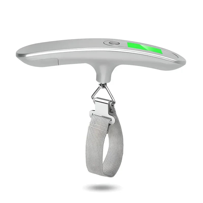 Digital luggage scale with LCD display and gray strap for precise suitcase weighing