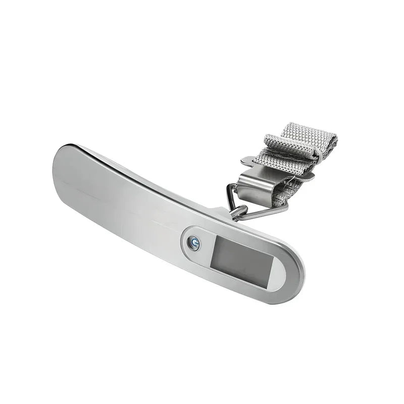 Silver digital luggage scale with LCD display and adjustable strap on white background