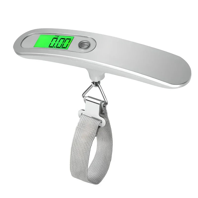 Digital luggage scale with green LCD display and gray strap on white background