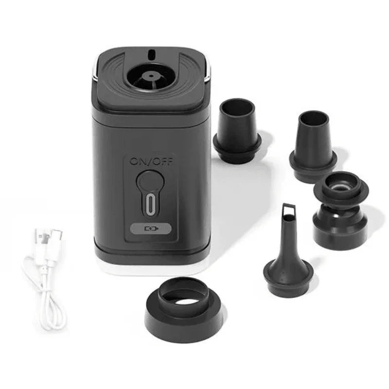 Black electric vacuum sealer with multiple nozzle attachments and USB charging cable.