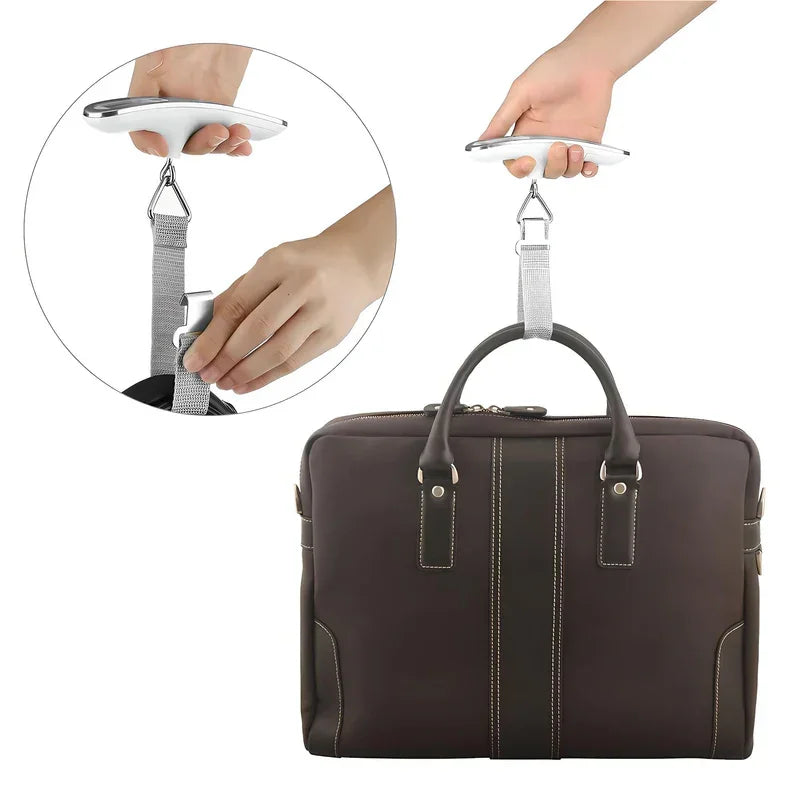 Hand holding portable luggage scale weighing brown briefcase with gray strap