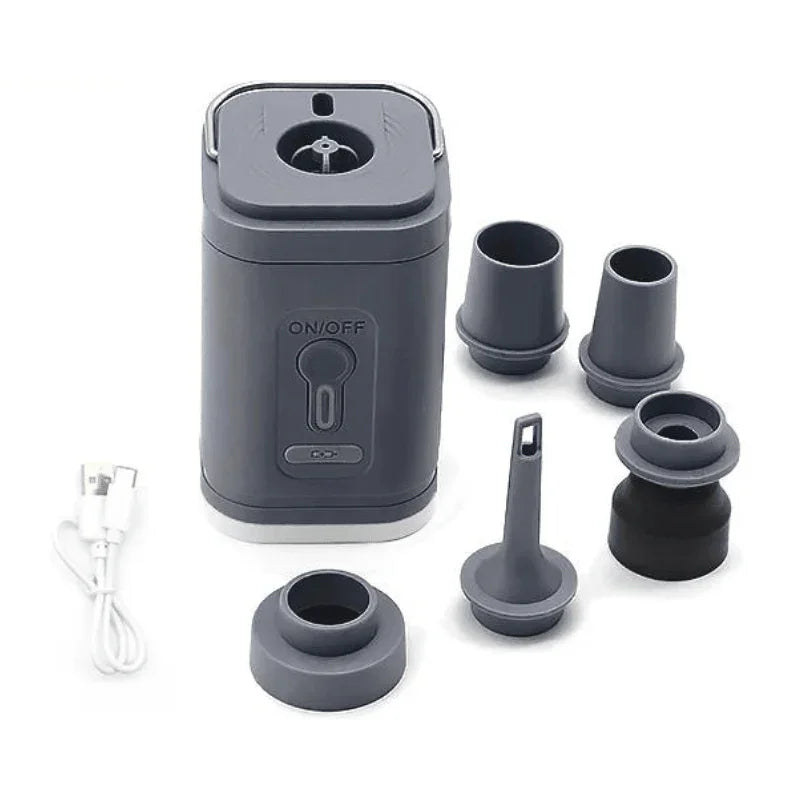 Portable electric air pump with multiple nozzle adapters and USB charging cable
