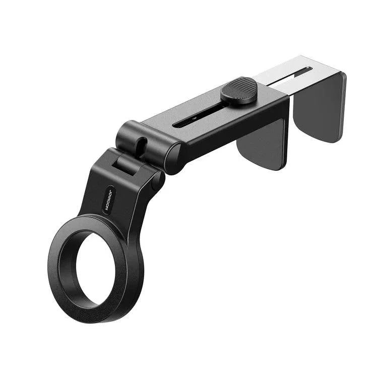 Adjustable black phone holder mount clamp with circular attachment on white background