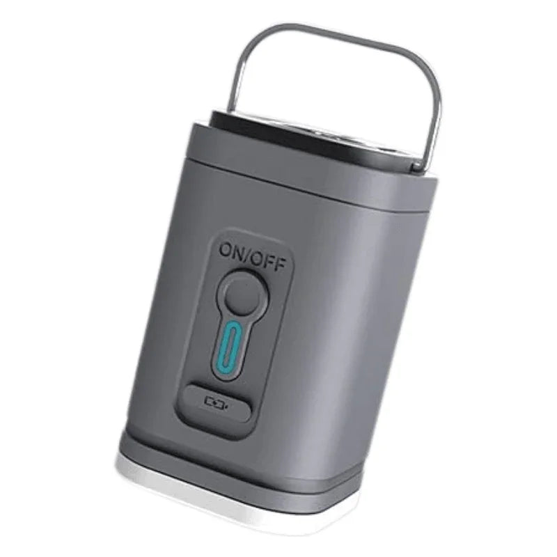 Compact portable air pump with ON/OFF button and handle, gray color on white background