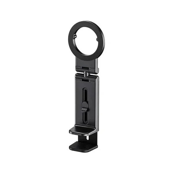 Adjustable black airplane phone holder stand with circular clamp on white background