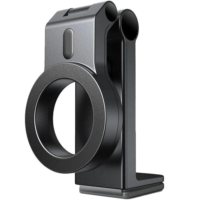 Black magnetic phone holder stand with circular grip and modern design