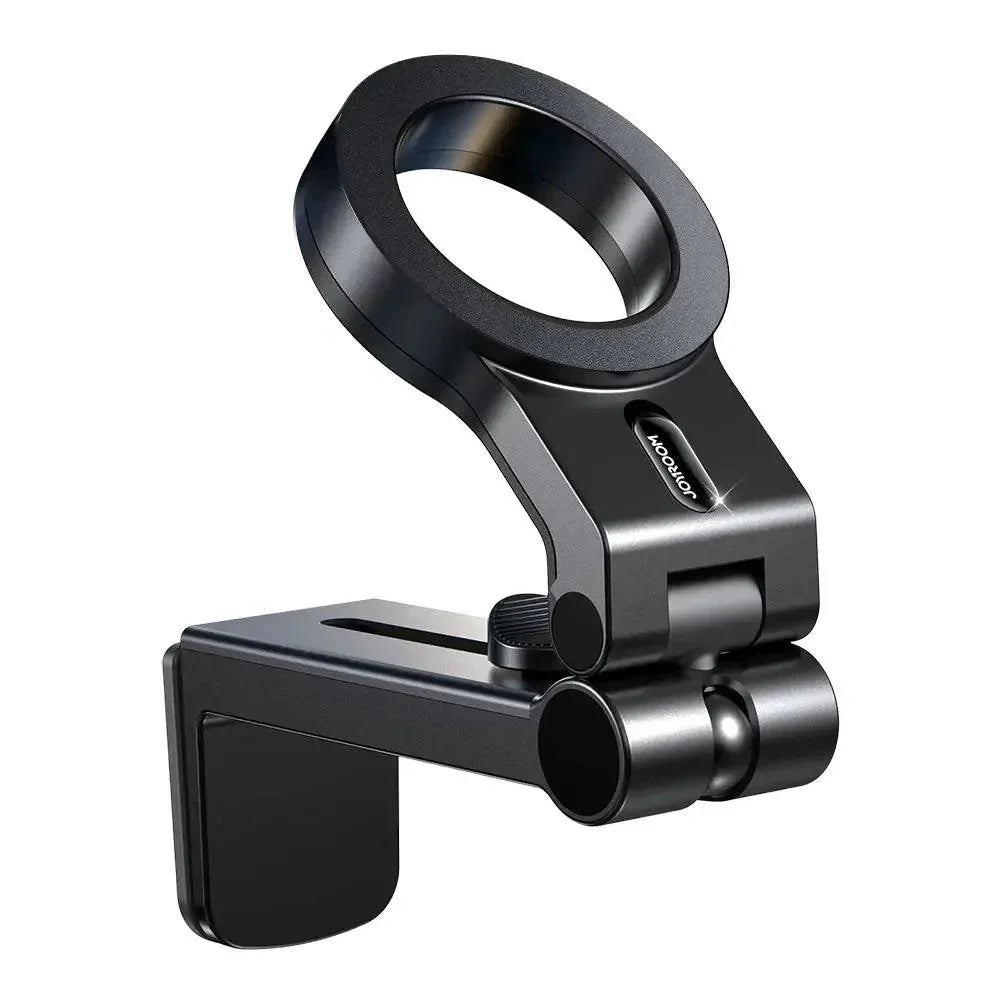 Black metal magnetic phone holder with adjustable hinge and clamp, isolated on white