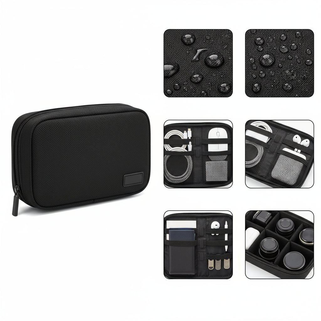 Black travel case with compartments on a white background