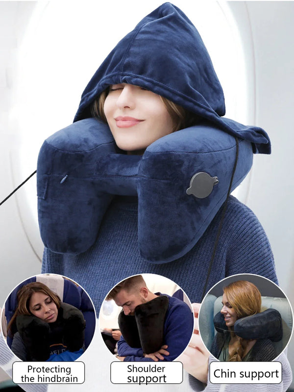 Hooded Inflatable Travel Neck Pillow