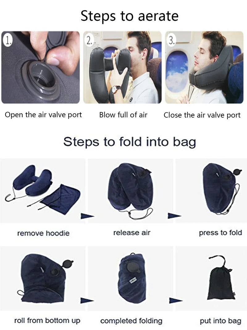 Hooded Inflatable Travel Neck Pillow